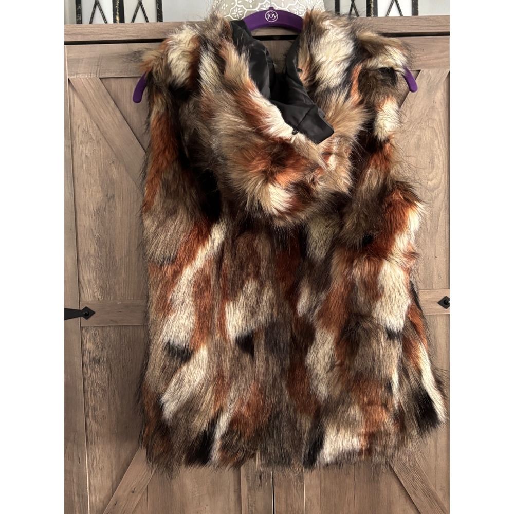 American Eagle Faux Fur Hooded Vest Brown Patchwork Full Zip Womens Medium